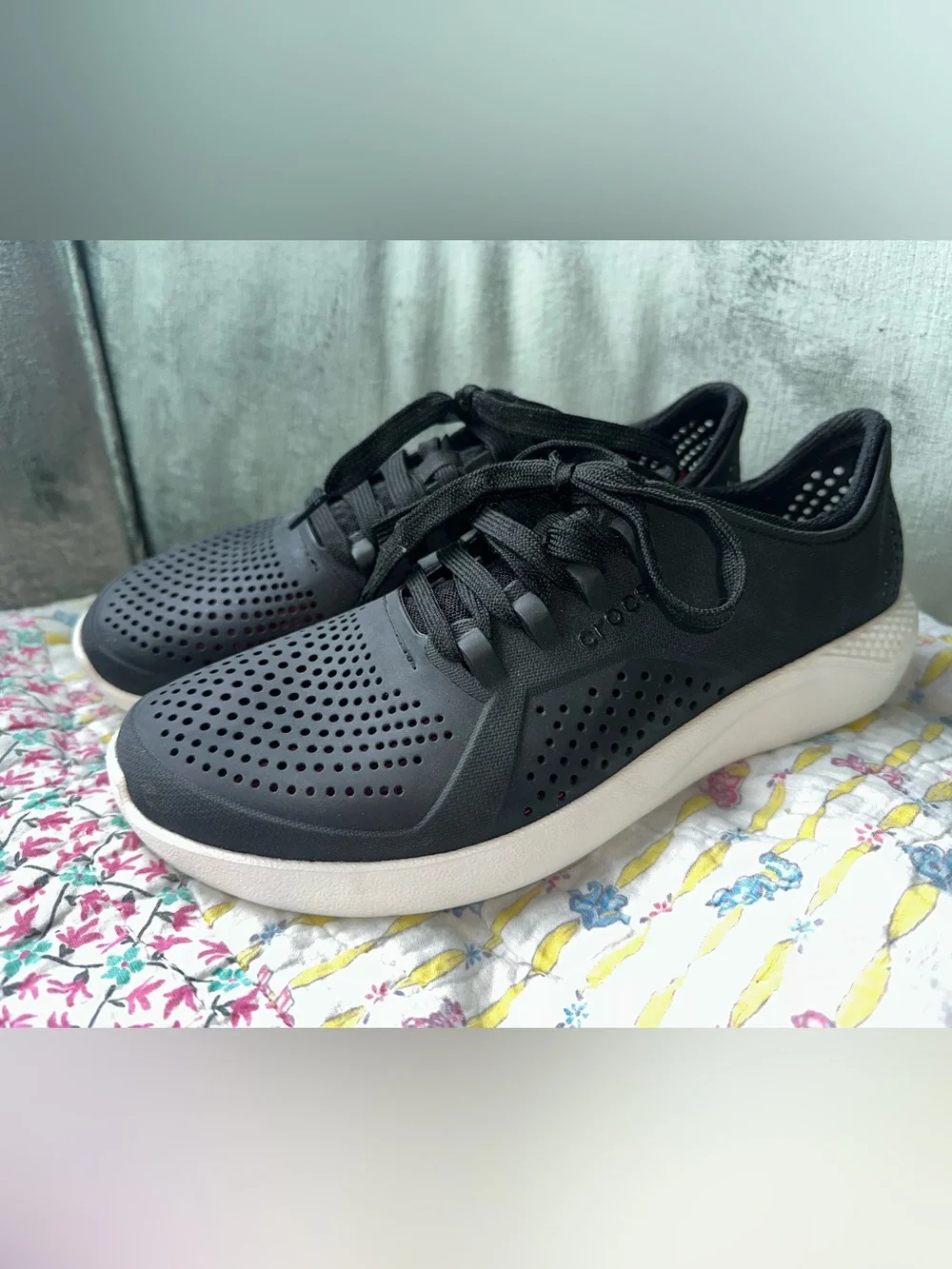 CROCS Women's Perforated Lace-Up Sneaker in Black and Cream